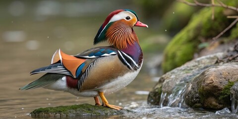a vibrant male mandarin duck standing gracefully near a calm stream. The duck showcases a rich display of colors, standing out vividly against the natural backdrop