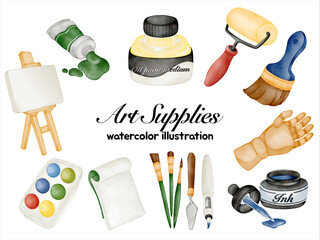 Watercolor Art Supplies Illustration Set - Hand-Painted, Realistic, Colorful - Paint Tubes, Brushes, Palette, Canvas, Ink, Sketchbook, Creative Tools, Vector Illustration