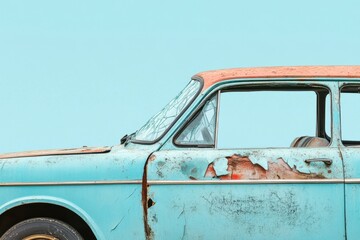 Close up of a vintage teal colored rusted abandoned automobile