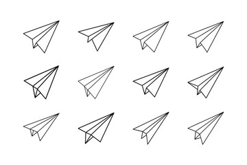 Twelve Paper Airplane Icons Line Art, Simple Designs, Flight Symbols