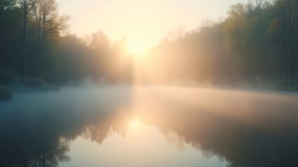 Fototapeta premium Serene Morning, Golden Light on Misty Lake