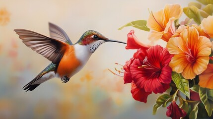 Naklejka premium A hummingbird hovers near vibrant flowers, sipping nectar with grace and elegance.