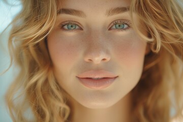 Naklejka premium Close-up portrait of a young Caucasian woman with curly blonde hair and striking blue eyes, exuding a natural beauty.
