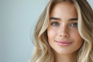Naklejka premium Smiling young woman with long blonde hair and captivating blue eyes, exuding warmth and confidence.