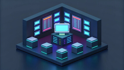 An isometric illustration showcasing a futuristic coding environment designed for developers, featuring vibrant colors and advanced technology elements.