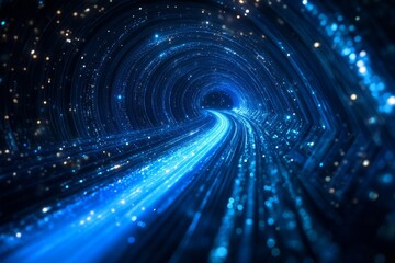 A tunnel with glowing blue and white light patterns, resembling a digital or cosmic passageway with a futuristic feel