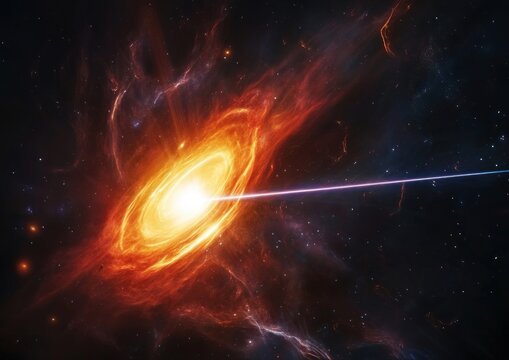 quasar emitting bright energy, displaying vast energy jets stretching out into the dark vastness of space
