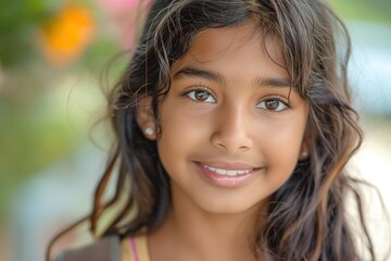 Fototapeta premium A smiling young girl with long, wavy hair and expressive brown eyes, exuding warmth and joy in a vibrant outdoor setting.