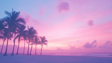 A serene sunset over a beach, with silhouetted palm trees against a colorful pink and purple sky, creating a tranquil and picturesque atmosphere.