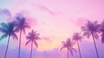 Naklejka premium A serene sunset scene featuring palm trees against a pastel sky of pink and purple hues, evoking a tropical paradise.