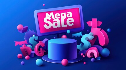 Mega Sale Promotion with Abstract Shapes and Display Stage on Blue