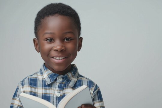 A cheerful Black boy, around 6 years old, smiles while holding a book, showcasing love for reading against a soft gray background.