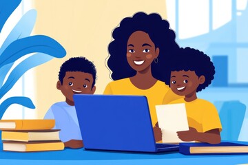 Empowering Futures Diverse family using a laptop for online education, fostering teamwork and shared effort for academic success, showcasing modern learning at home Witness collaborative study
