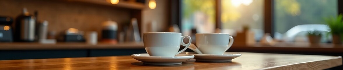 Fototapeta premium Stylish arrangement of to-go coffee cups in trendy coffee shop, takeout, tray