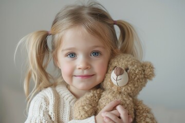 A young Caucasian girl with pigtails smiles warmly while holding a soft teddy bear, radiating joy and innocence.