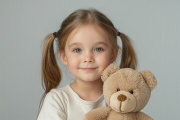 A sweet young girl with brown hair and pigtails smiles softly while hugging her teddy bear.