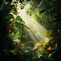 "Tropical Rainforest with Exotic Flowers and Dense Green Foliage, Sunlight Filtering Through the Canopy"