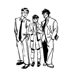 illustration design, man walking, sketch Three teenagers in school uniform, done in black and white sketch. mood.