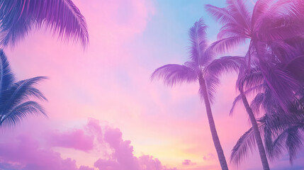 A serene sunset scene with palm trees silhouetted against a vibrant pink and purple sky.