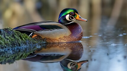 Stunning Wood Duck resting on a mossy log by the water its iridescent green head and rich chestnut feathers reflecting beautifully in the ponds surface