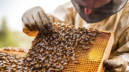 Beekeeper Examining Dense Cluster of Bees on Honeycomb