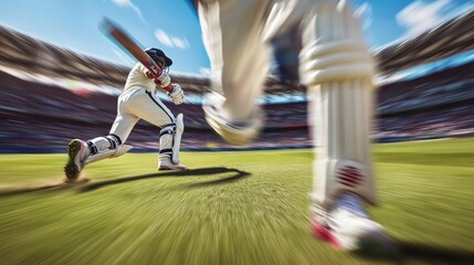 Cricket players run for glory stadium action shot competitive sports low angle team spirit