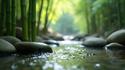 Tranquil Bamboo Grove and River Serenity Scene