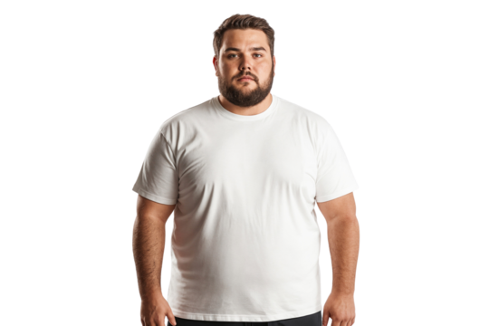 Portrait of a fat man in white t-shirt isolated on transparent background