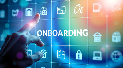 Obraz premium The image represents digital onboarding, featuring a hand interacting with futuristic UI elements related to business, HR, and communication.