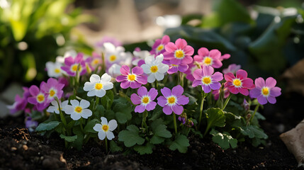 Fototapeta premium A garden patch of primroses with delicate pink, purple, and white flowers spreading out across the soil in the springtime.