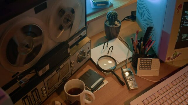 View from above of reel-to-reel tape recorder, floppy disks, magnifying glass, telephone, stationery, cactus, retro computer and keyboard on wooden desk