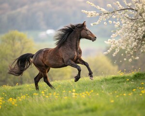 Fototapeta premium A majestic black stallion stands under blossoming trees, bathed in golden sunlight, symbolizing strength and elegance in late spring