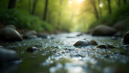 Fototapeta premium Sunlit Stream, Serene Forest Flowing River Scene