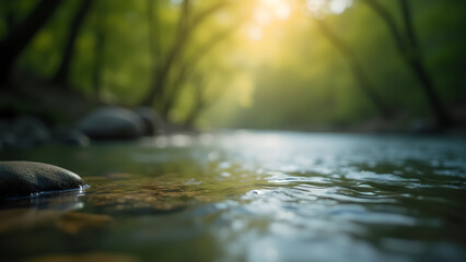 Fototapeta premium Serene Water Flowing Through Sunlit Forest