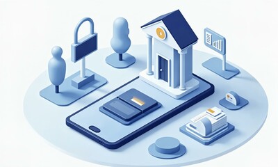 Obraz premium Isometric online banking and fintech app, mobile payment, secure transactions, and digital wallet, sleek financial vector-style stock illustration.