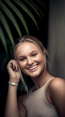 Fototapeta premium Woman is smiling and posing for a picture. She is wearing a white tank top and a white bracelet