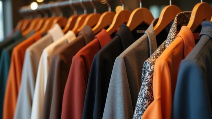 Elegant fashion jackets on wooden hangers in a boutique clothing store with warm lighting