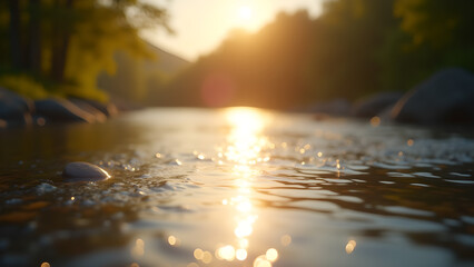 Fototapeta premium Sunlit River Serenity, Golden Waterscape View