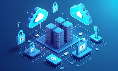 Fototapeta premium Isometric data center concept, cloud computing servers, network connections, and cybersecurity locks, clean and modern vector-style stock image.