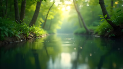 Tranquil Stream Glimmering Through Verdant Woods