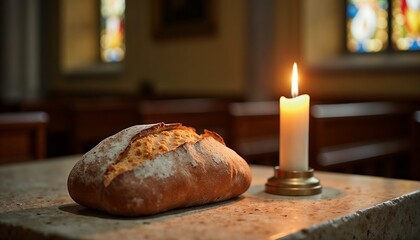 Loaf of bread on stone altar beside a lit candle, serene church setting highlighting Maundy Thursday