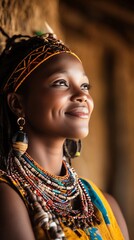 Obraz premium Tribal woman jewelry smiling earth-toned background