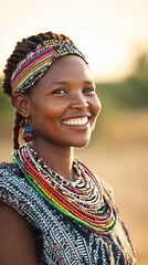 Fototapeta premium Tribal woman jewelry smiling earth-toned background