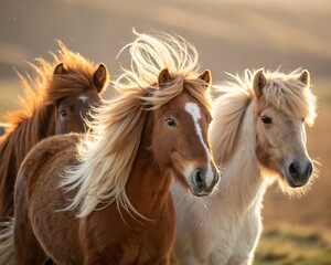 A close-up of several adorable horses standing together in a peaceful meadow. Their soft, flowing manes gently sway in the breeze.