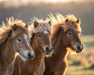 A close-up of several adorable horses standing together in a peaceful meadow. Their soft, flowing manes gently sway in the breeze.