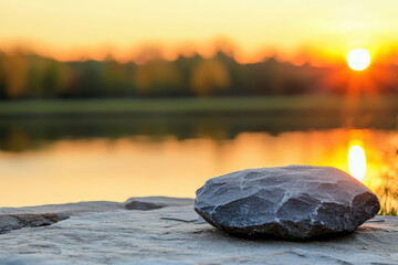 serene sunset over calm lake, featuring smooth stone foreground. warm colors of sunset reflect beautifully water surface, creating peaceful