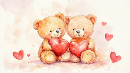 Adorable watercolor teddy bears cuddle hearts, a token of love for Valentine's Day or a sweet confession. 
