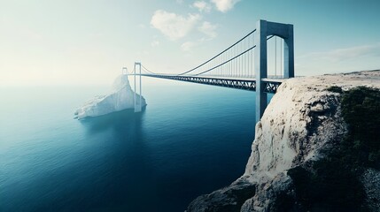 A suspension bridge spans across ocean between a cliff and islet