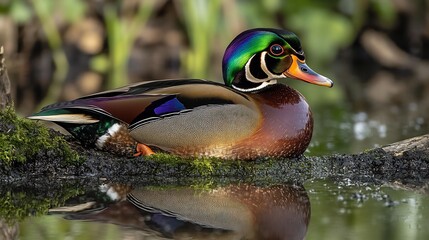 Stunning Wood Duck resting on a mossy log by the water its iridescent green head and rich chestnut feathers reflecting beautifully in the ponds surface