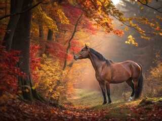 A strong chestnut horse walks through an autumn forest, surrounded by falling red and orange A strong chestnut horse walks through an autumn forest, surrounded by falling red and orange leaves